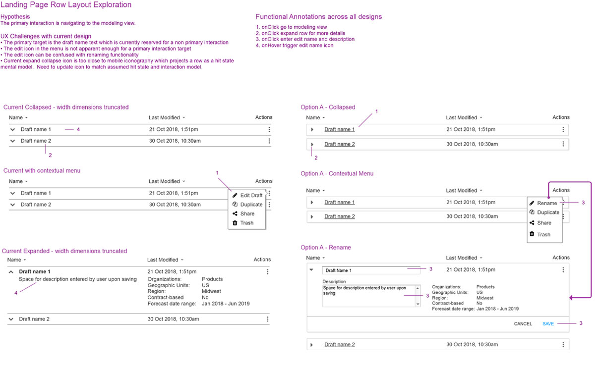 landing page component exploration for draft selection and CRUD controls.