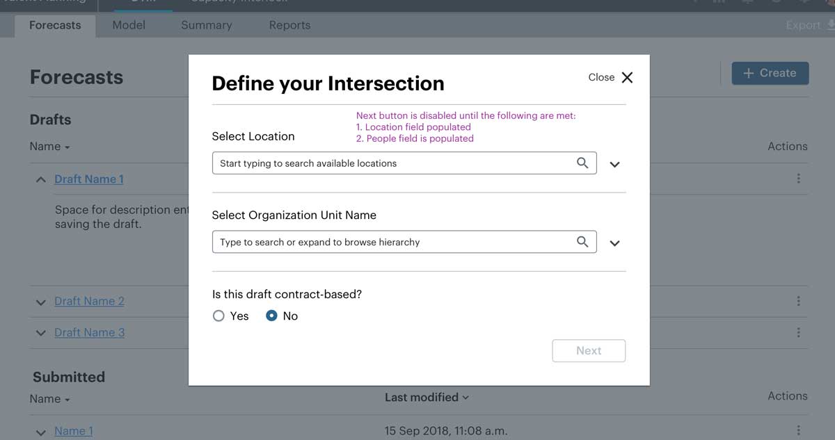 Create a new forecast draft, define your intersection